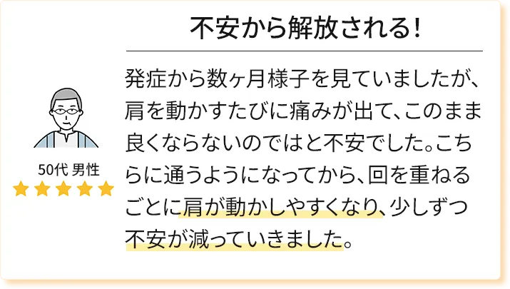 50代男性、星5。肩が動かしやすくなり、不安が減っていきました。