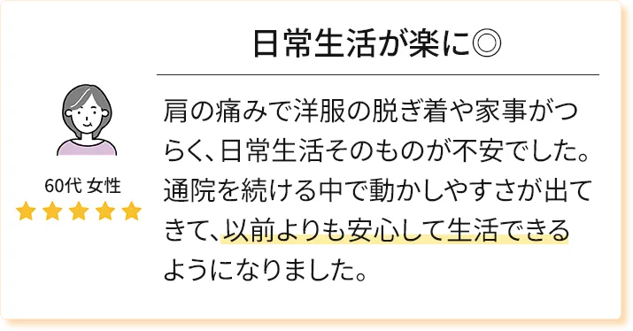 60代女性、星5。肩が痛くて不安だった日常生活が、安心して生活できるようになりました。