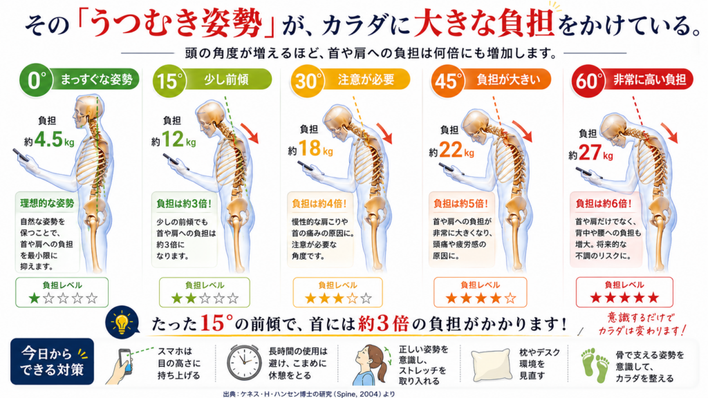 うつむき姿勢による首への負担を0度・15度・30度・45度・60度で比較したイラスト。ストレートネックや肩こりの原因を解説。福岡市中央区 吉村治療院。