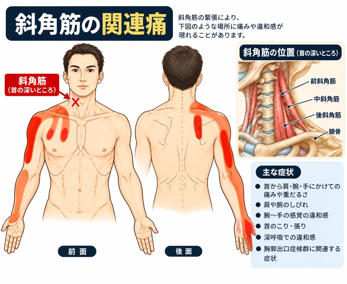 斜角筋のトリガーポイントによる関連痛の範囲。首の深いところから、肩・腕・手にかけて痛みや重だるさが出る